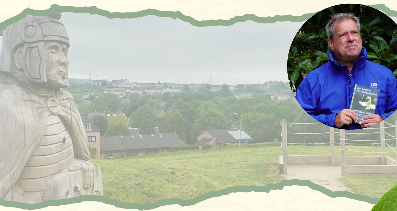 Image of Paul Murdoch holding book with another image of the countryside and statue