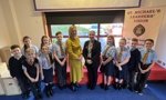 Cllr Clare Steel with Head Teacher Jennifer Mulvenna and pupils from St Michael's Primary