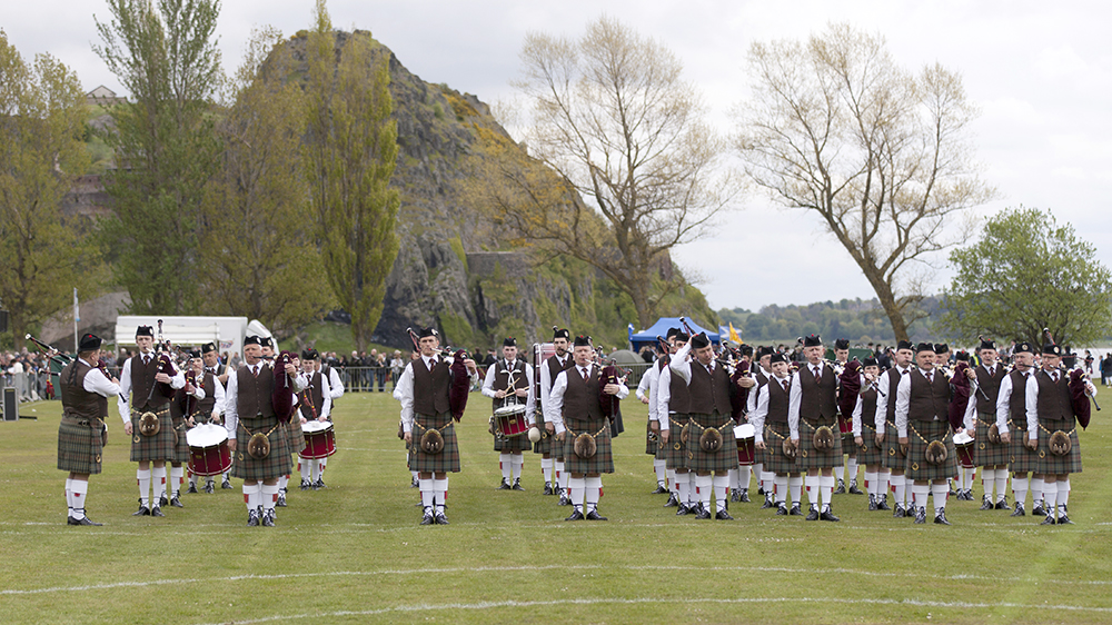 Glasgow Skye Pipe Band at the Scottish Pipe Band Championships in 2012 with the famous Dumbarton Rock as the scenic backdrop