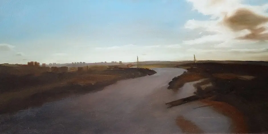 Oil painting by Hugh Gillan showing a broad, industrial river landscape, likely the River Clyde, with a distant city skyline, pylons, and a dramatic sky.