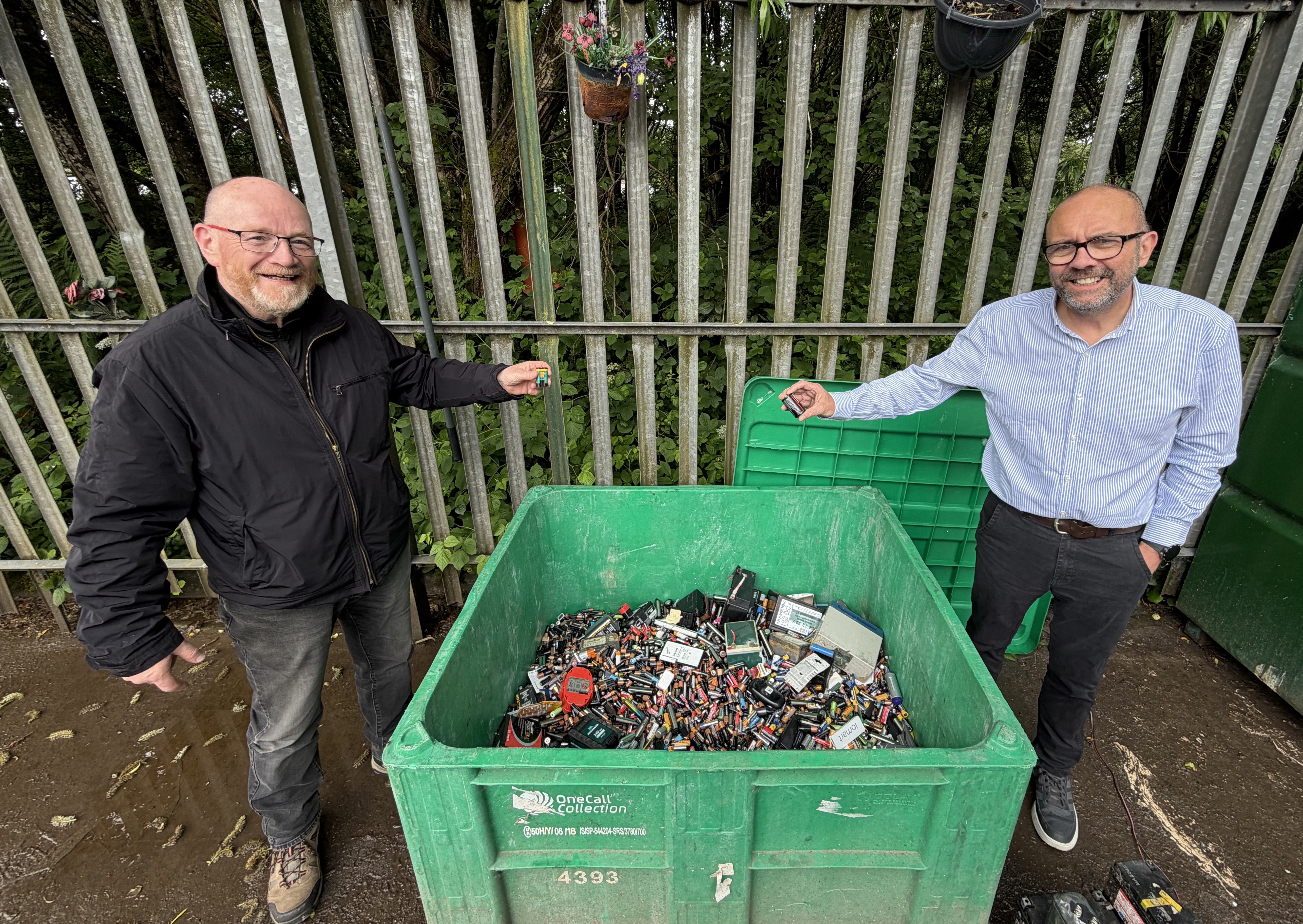 Convenor David McBride and Vice Convenor Lawrence O'Neill at battery bin 