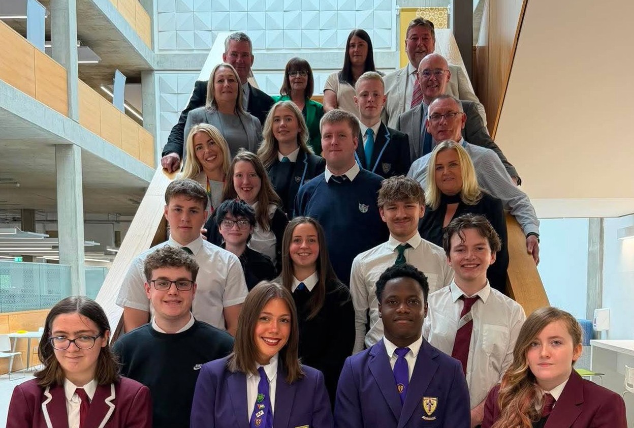 Pupils from all West Dunbartonshire schools with headteachers and Michelle McGinty and Gillian Hamilton