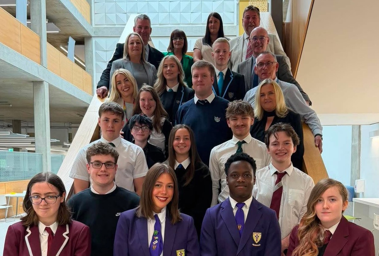 Pupils from all West Dunbartonshire schools with headteachers and Michelle McGinty and Gillian Hamilton