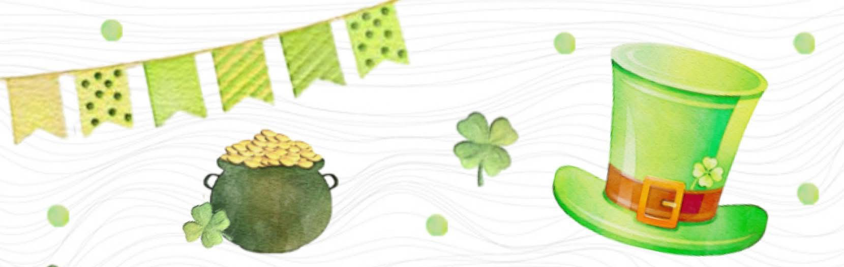 A festive St Patrick's Night celebration scene featuring green hats, lucky clovers, and gold coins on a wooden background.